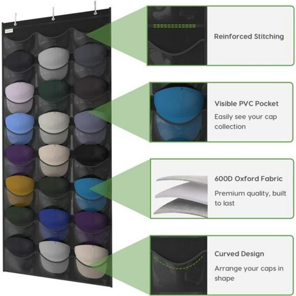 Baseball Hat Organizer Over Door Rack 24 Pocket Cap Holder Display Storage - Picture 4 of 8